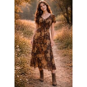 Boho Cottagecore Brown Floral Dark Fairycore Wedding Romance Midi 14 Dress VTG